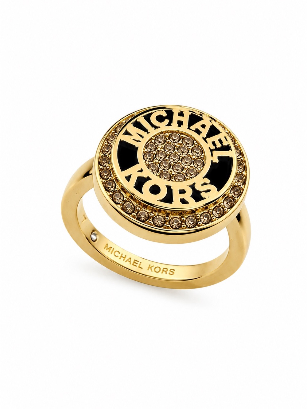 Michael Kors MK Logo Embellished Plaque Black Gold Ring. Size 8